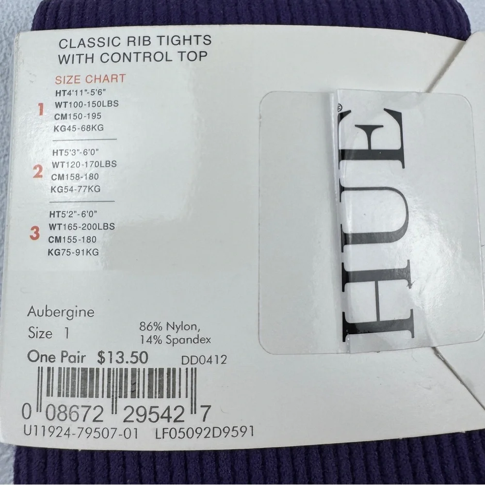 HUE‎ Classic Rib Control Top Tights Womens Size 1 Aubergine Purple